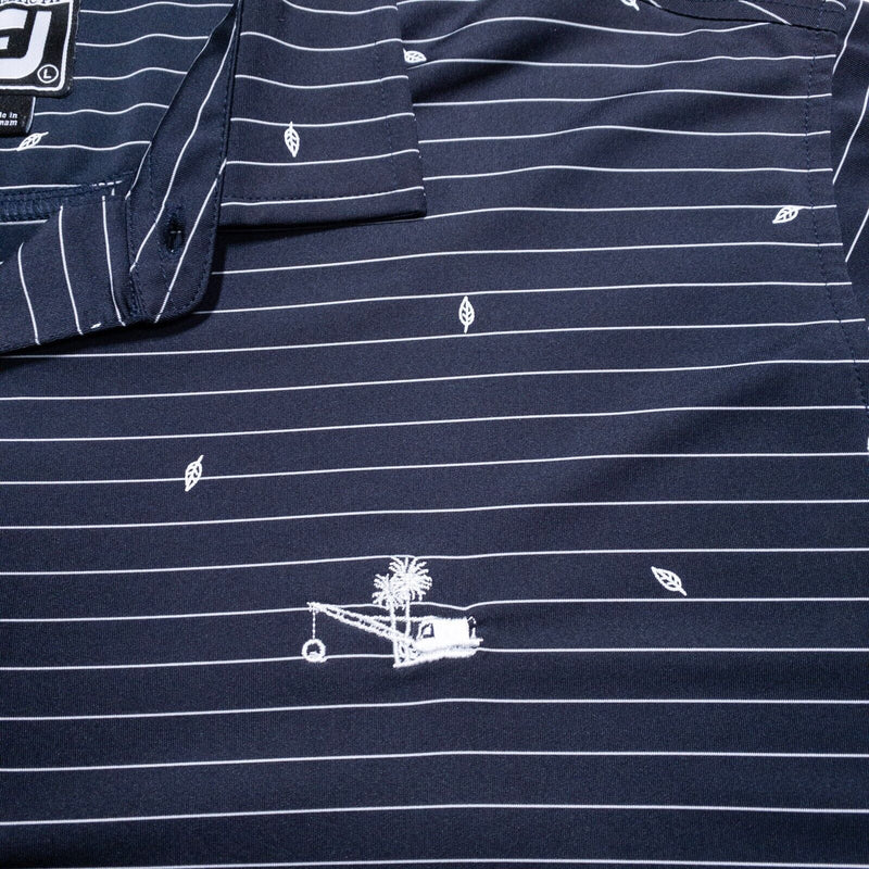 FootJoy Golf Polo Large Athletic Fit Men's Wicking Navy Blue Stripe Leaf Print