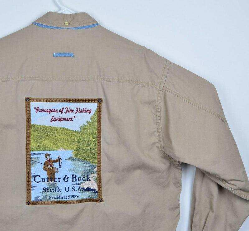 Vtg Cutter & Buck Mens Sz XL Embroidered Fishing Graphic Khaki Long Sleeve Shirt