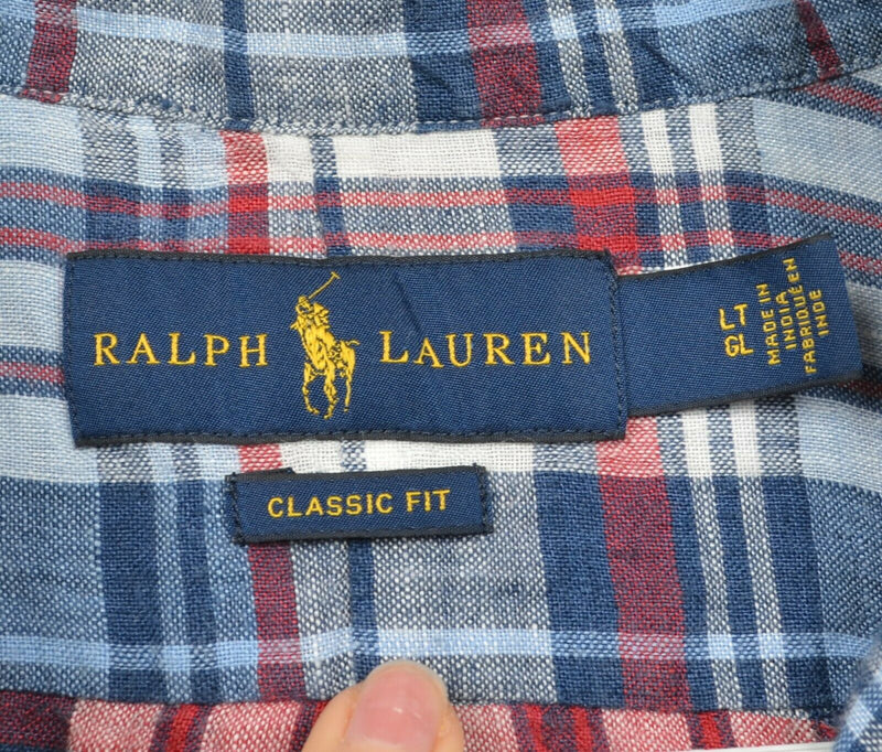 Polo Ralph Lauren Men's LT (Large Tall) 100% Linen Blue Red Plaid Button Shirt