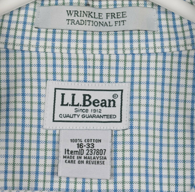 LL Bean Men's 16-33 (Large) Wrinkle Free Blue Green Plaid Button-Down Shirt