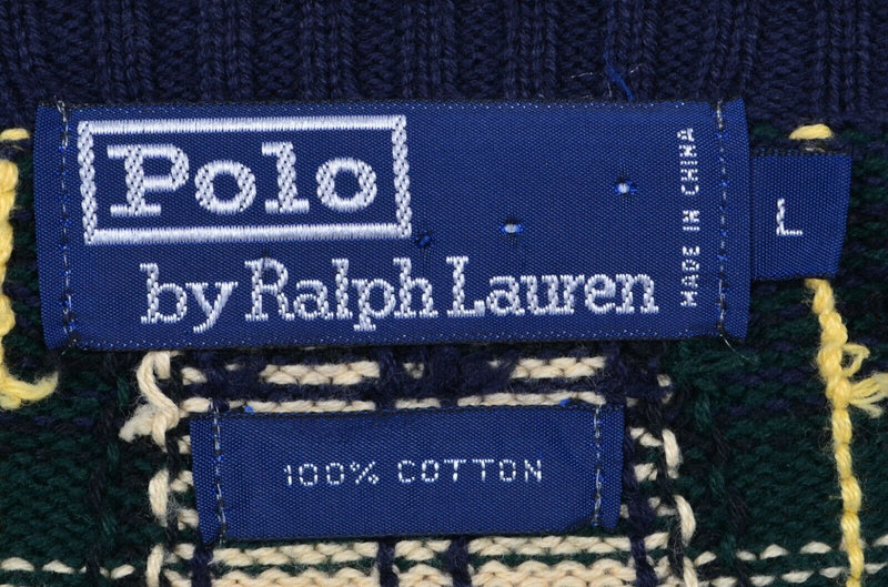Polo Ralph Lauren Men's Sz Large Navy Blue Green Tartan Plaid Crewneck Sweater