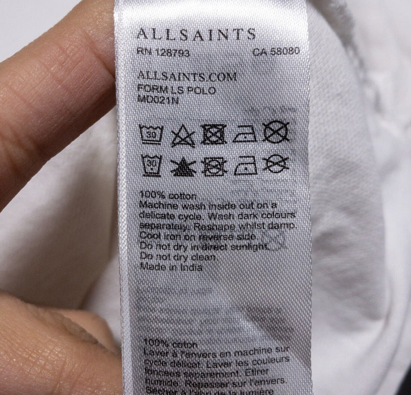 AllSaints Polo Men's XL Long Sleeve Shirt Solid White Form LS Ramskull Logo
