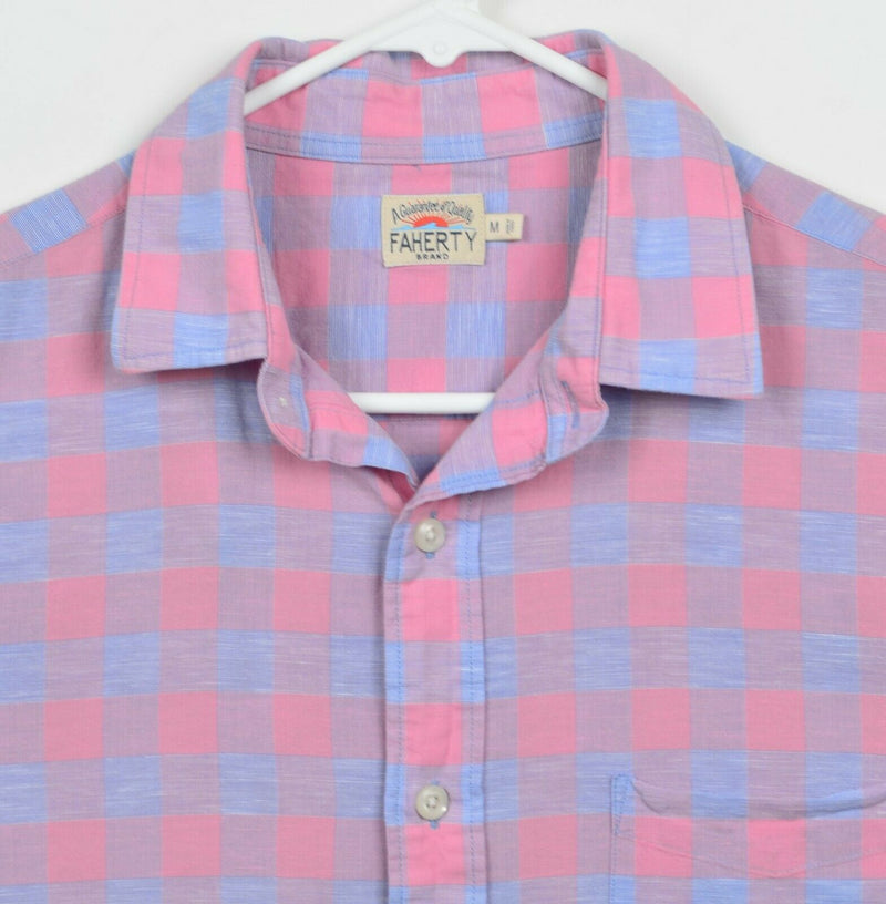 Faherty Men's Sz Medium Pink Blue Plaid Check Cotton Linen Blend Shirt