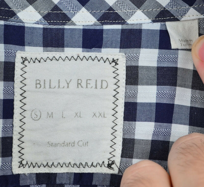Billy Reid Men's Small Standard Cut Navy Blue Gray Plaid Check Long Sleeve Shirt