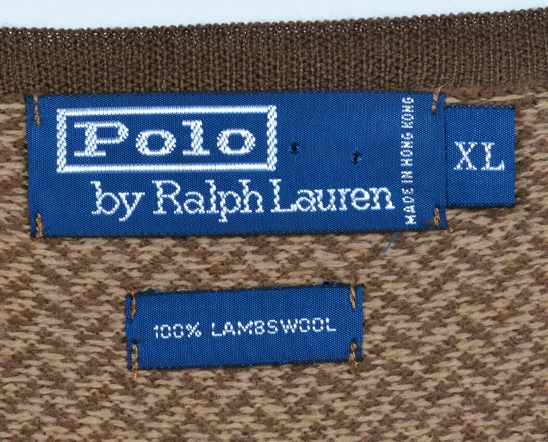 Polo Ralph Lauren Men's Sz XL 100% Lambswool Brown Houndstooth V-Neck Sweater