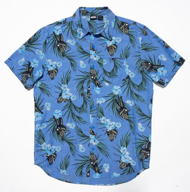 Star Wars Hawaiian Shirt Medium Men's Chewbacca Floral Print Aloha Blue Disney