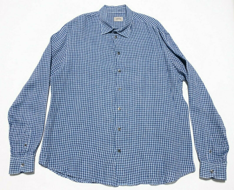 Armani Collezioni Linen Flax Blue Check Shirt Designer Long Sleeve Men's 2XL