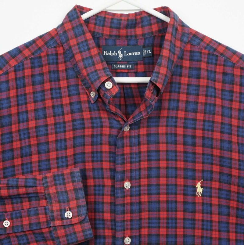 Polo Ralph Lauren Men's XL Classic Fit Red Navy Blue Plaid Button-Down Shirt