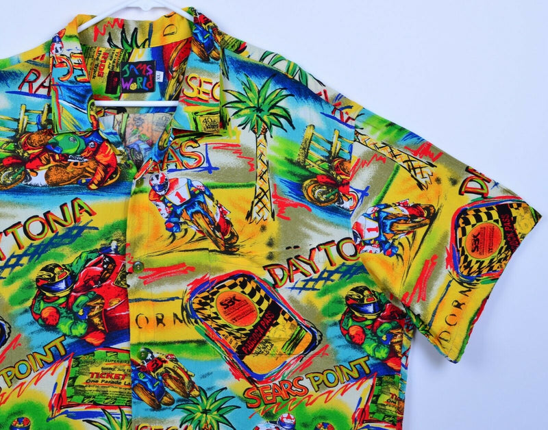 Vtg Jams World Men's Sz XL Race Track Rayon Motorcycle Daytona Hawaiian Shirt