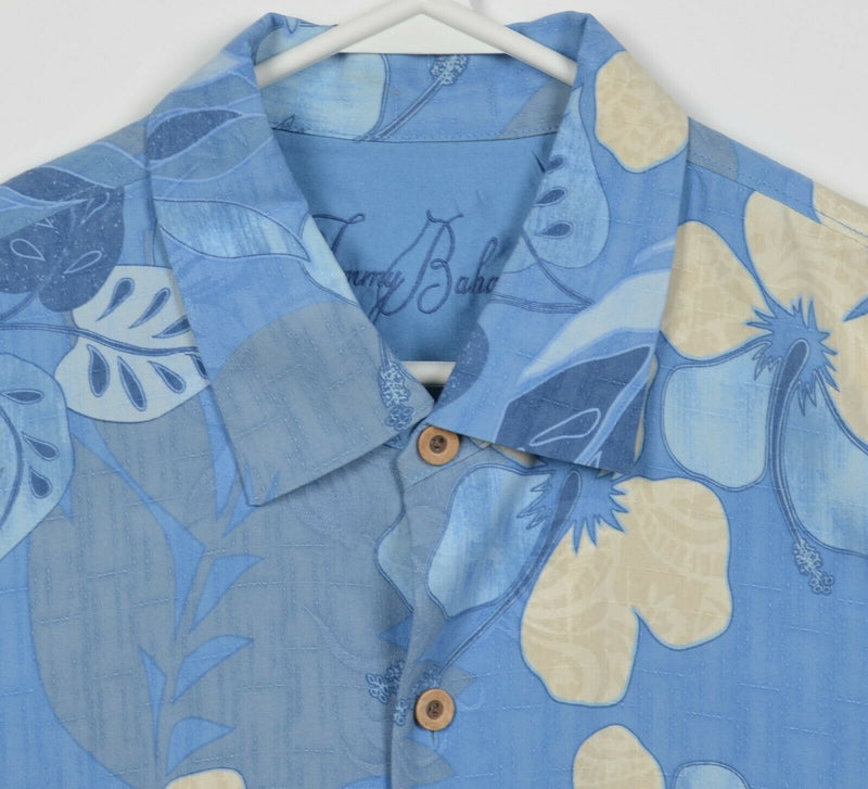 Tommy Bahama Men's XL 100% Silk Blue Yellow Floral Hawaiian Aloha Camp Shirt