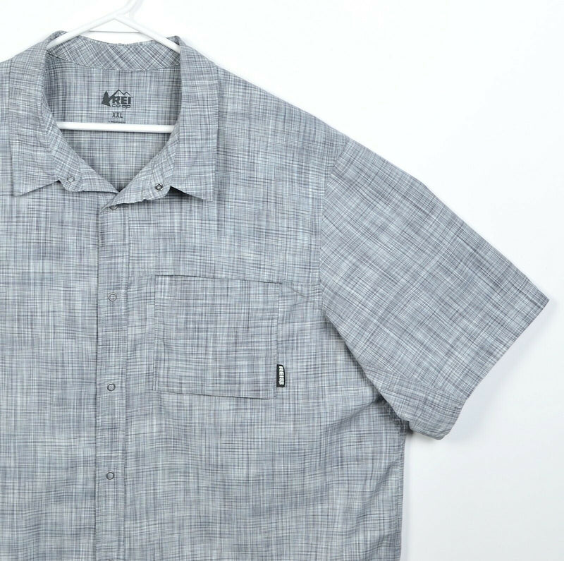 REI Co-Op Men's 2XL Snap-Front Gray/Blue Plaid Travel Hiking Short Sleeve Shirt
