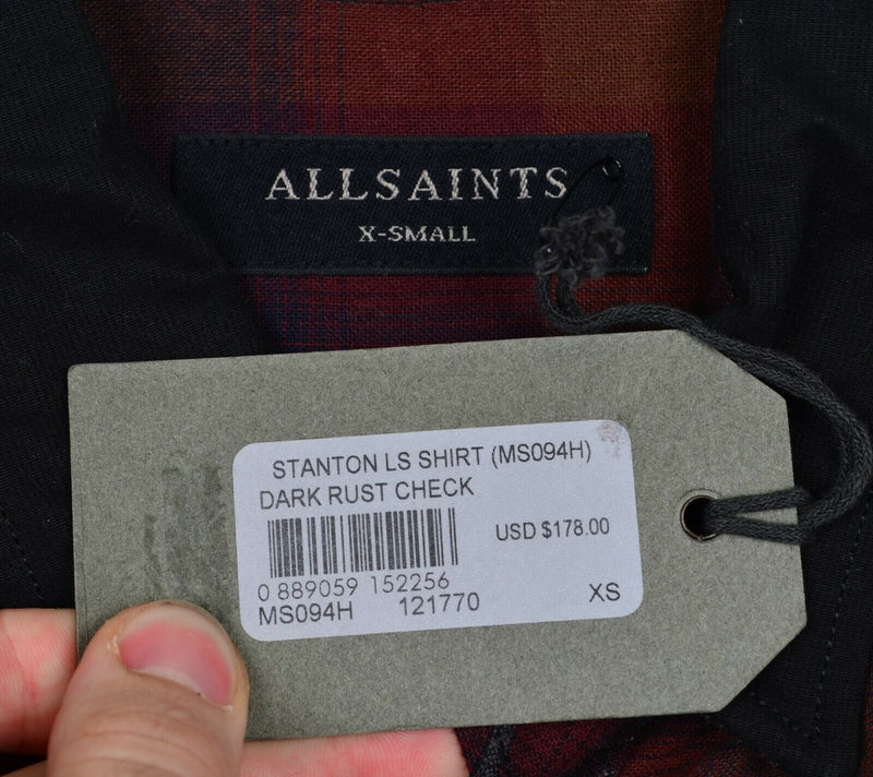 AllSaints Men's Sz XS Dark Rust Orange Red Check Stanton Long Sleeve Shirt NWT