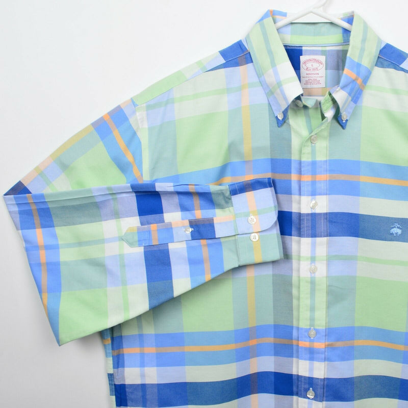 Brooks Brothers Men's Large Green Blue Plaid Non-Iron Madison Button-Down Shirt