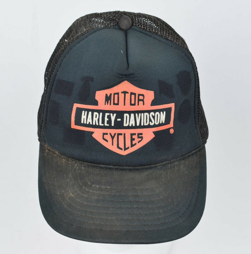 Vtg 80s Harley-Davidson Emblem Logo Snapback Black Orange Mesh Trucker Hat