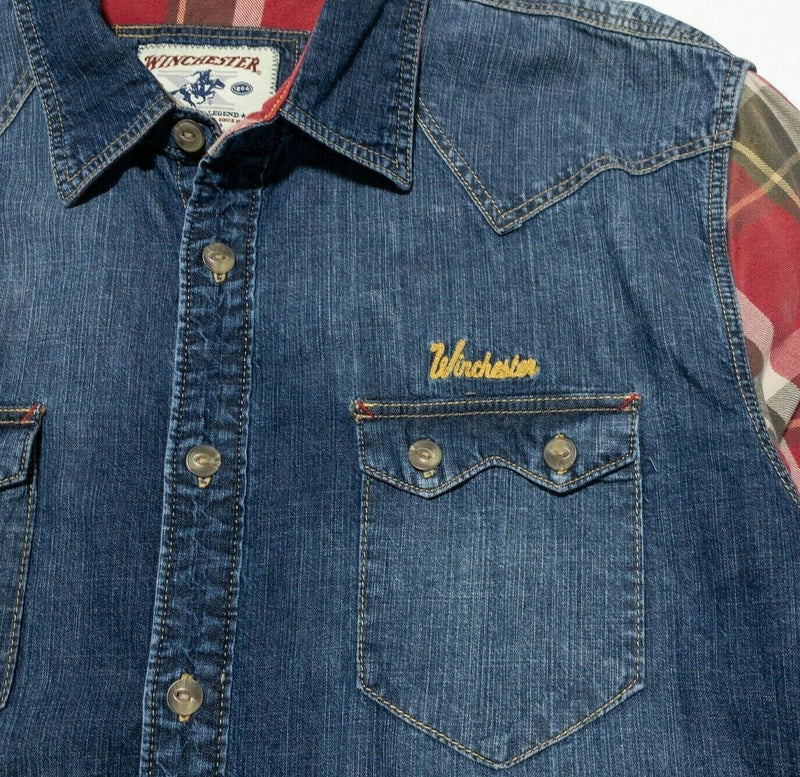 Winchester Denim Plaid Button-Front Shirt Western Sawtooth Pocket Men's XL