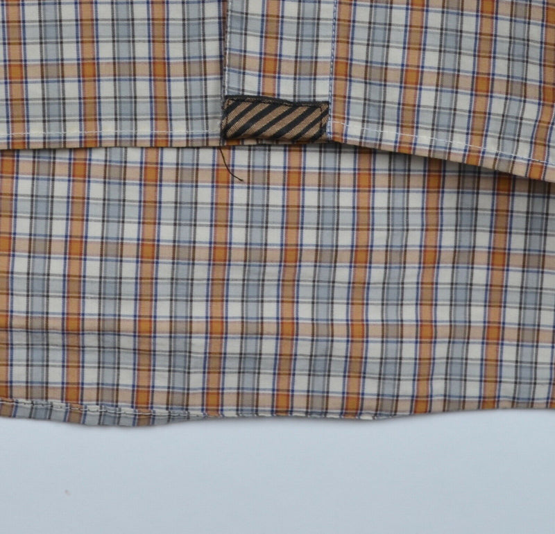 Billy Reid Men's Medium Standard Cut Orange Blue Plaid Check Button-Front Shirt