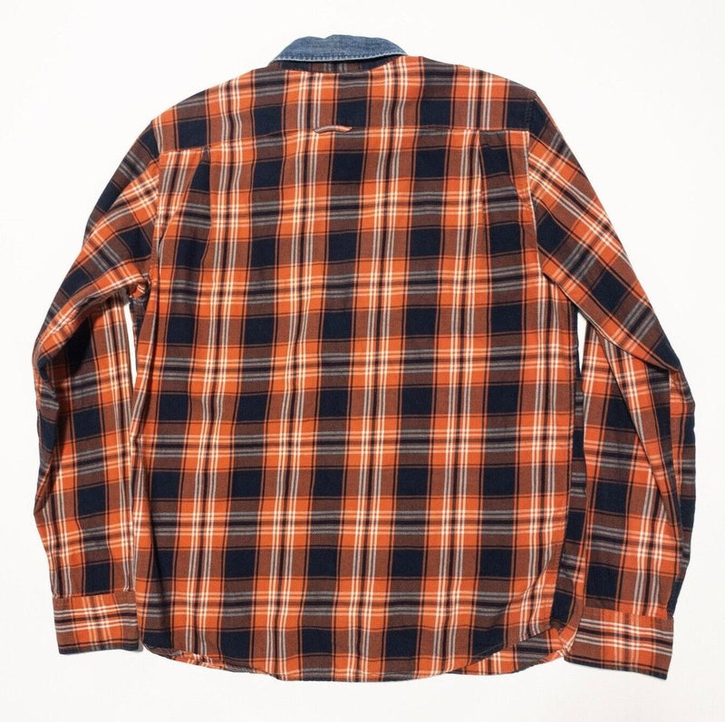 HUF Shirt Large Men's Orange Plaid Denim Collar Long Sleeve Button-Down Logo