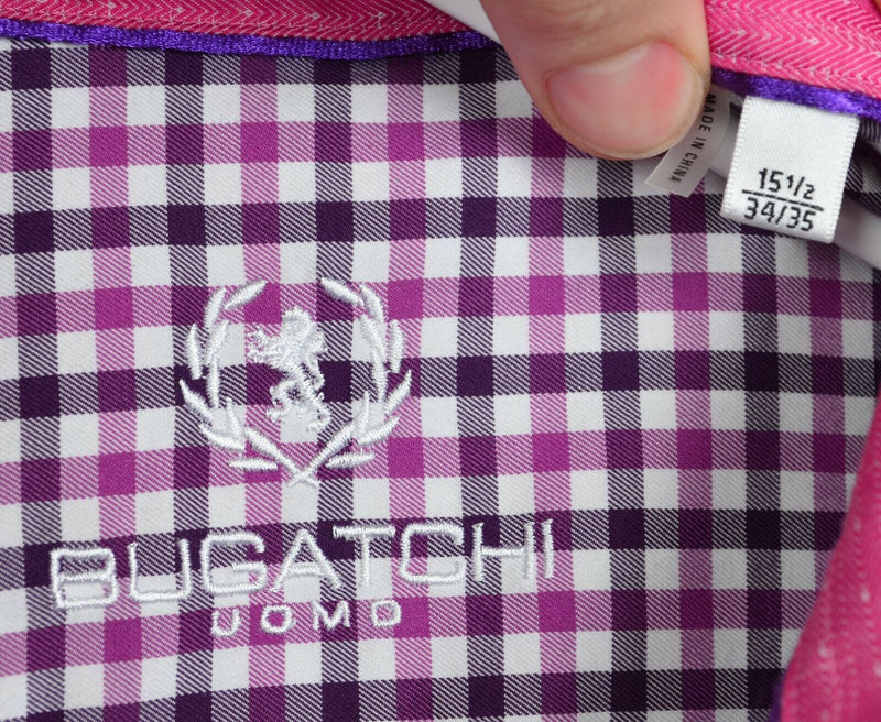 Bugatchi Uomo Men's Sz 15.5 Flip Cuff Pink Purple Plaid Check Long Sleeve Shirt