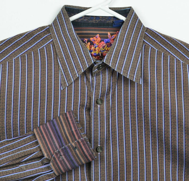 Robert Graham Men's Large Flip Cuff Brown Striped Designer Button-Front Shirt