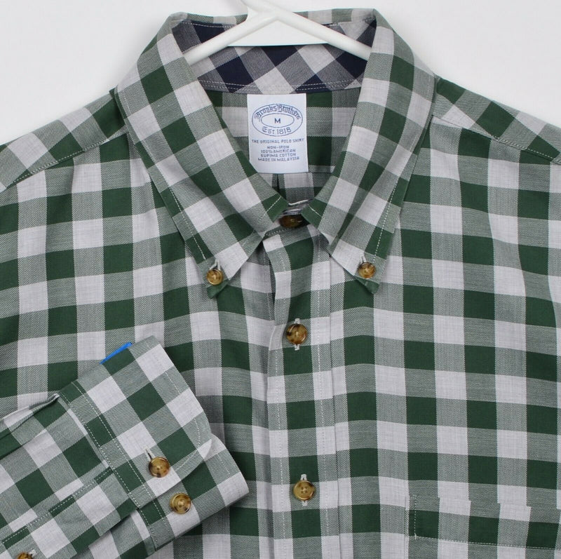 Brooks Brothers Men's Medium Green Gray Gingham Non-Iron Button-Down Shirt