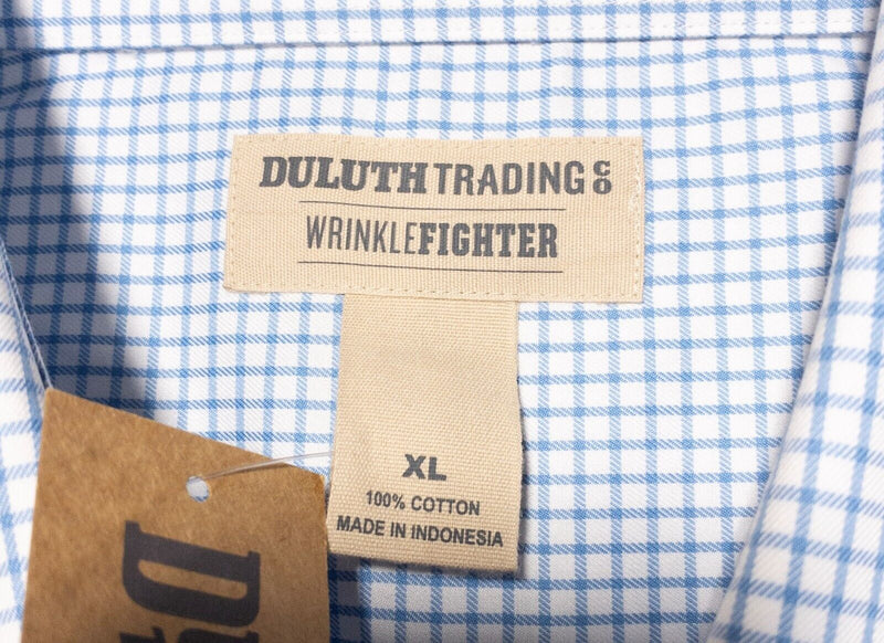 Duluth Trading Wrinkle Fighter Shirt XL Mens White Blue Graph Check Short Sleeve