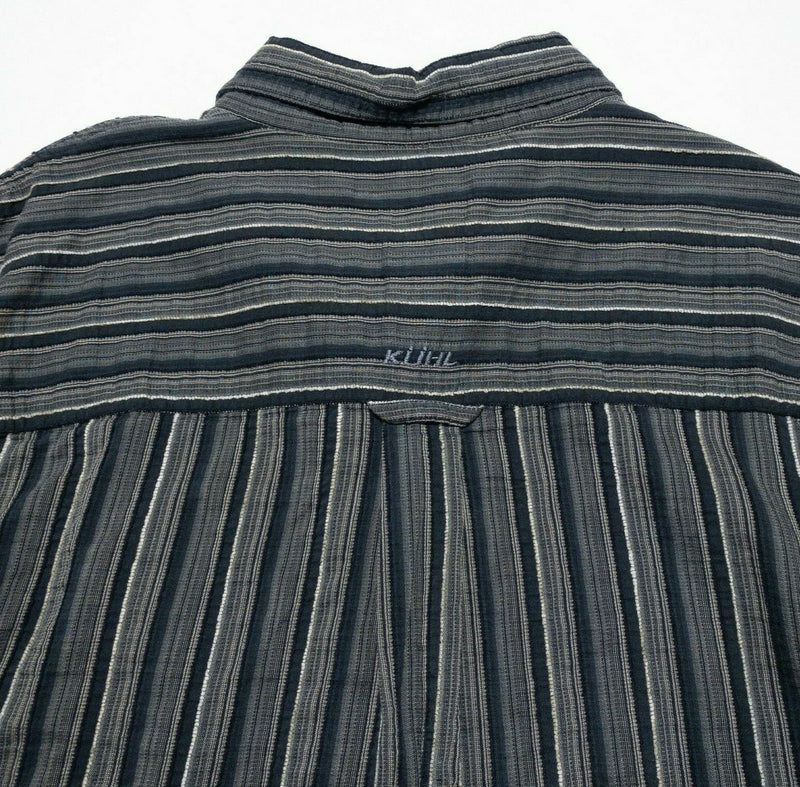 Kuhl Seersucker Gray Black Striped Button-Front Shirt Hiking Outdoor Men's Large