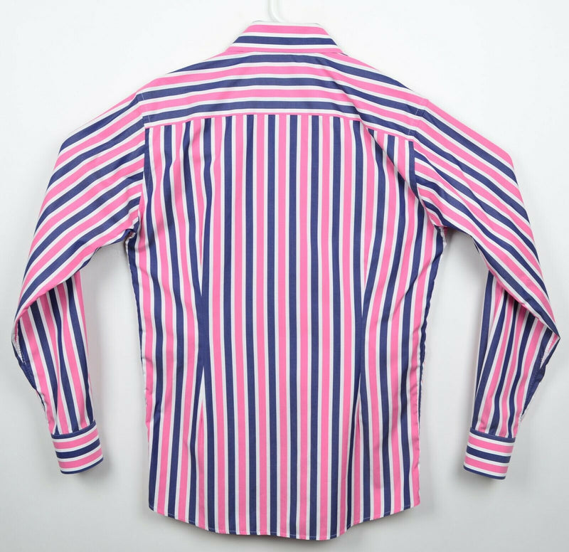 Eton Contemporary Men's Sz 17 Pink Navy Blue Striped Spread Collar Dress Shirt