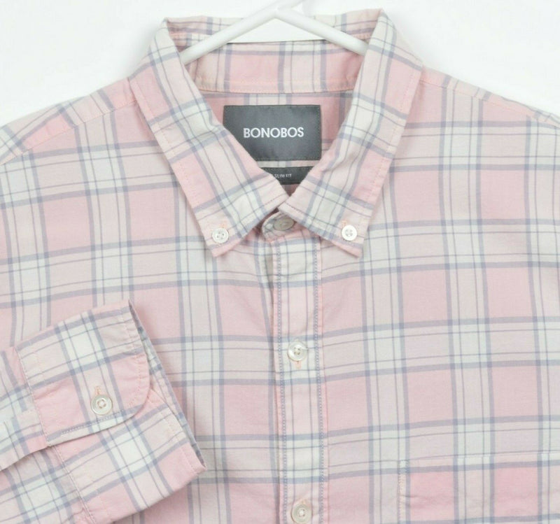 Bonobos Men's Large Tailored Slim Fit Pink White Plaid Check Button-Down Shirt