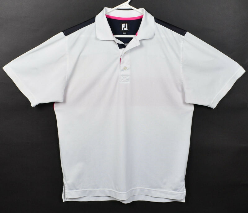FootJoy Men's Medium White Colorblock Pink Navy Blue FJ Golf Wicking Polo Shirt