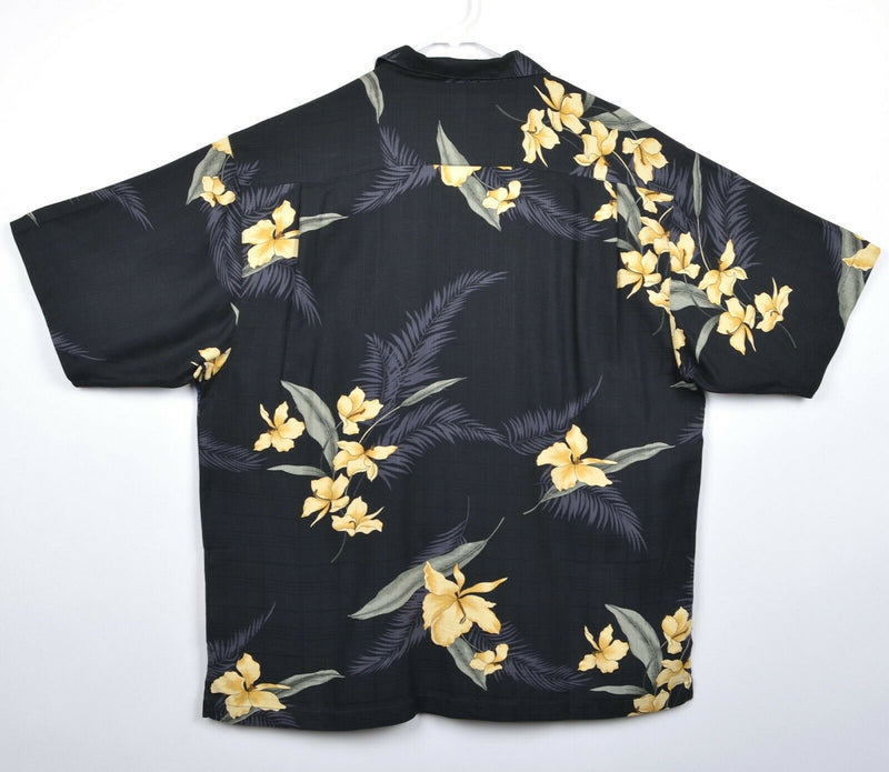 Tommy Bahama Men's Sz Large 100% Silk Floral Black Yellow Hawaiian Shirt