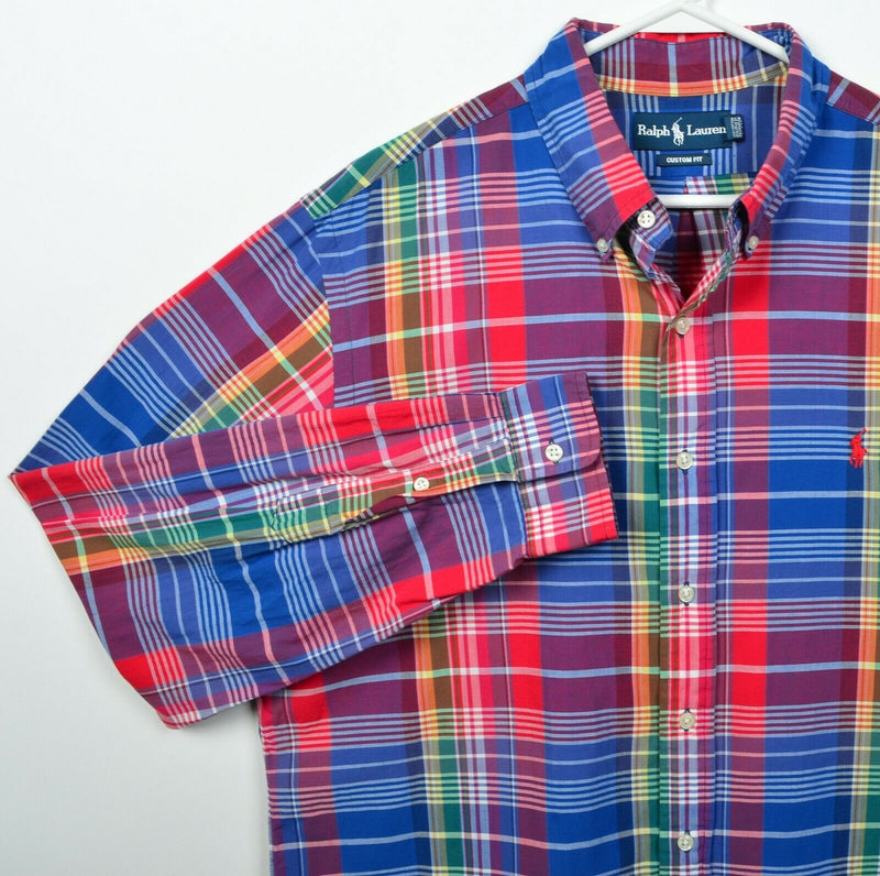 Polo Ralph Lauren Men XL Indian Madras Blue Red Colorful Plaid Button-Down Shirt