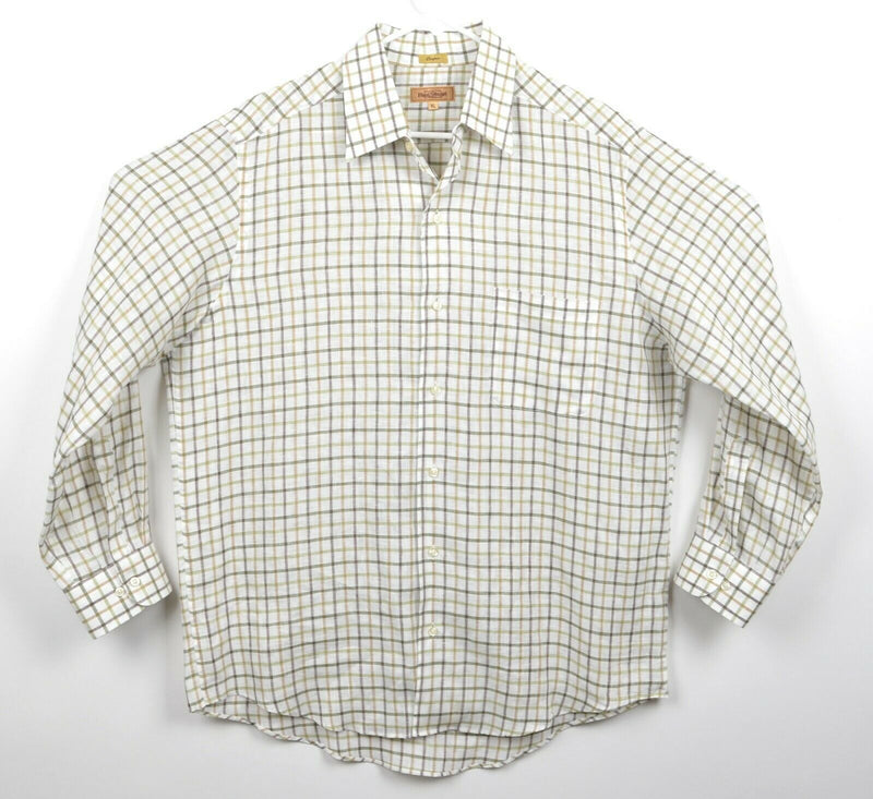 Paul Stuart Men's Sz XL 100% Linen "Cooper" White Plaid Button-Front Italy Shirt