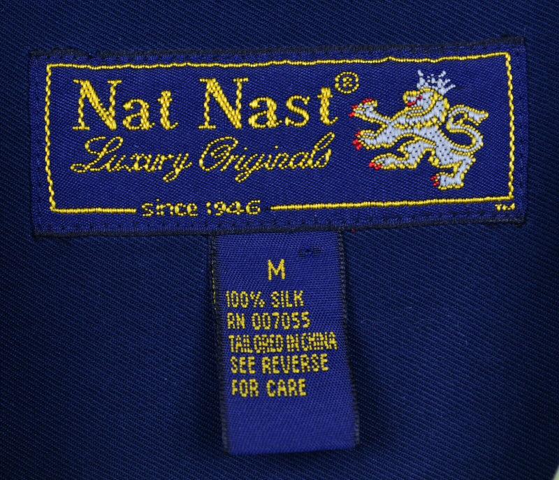 Nat Nast Men's Sz Medium 100% Silk Navy Blue Panel Bowling Hawaiian Camp Shirt