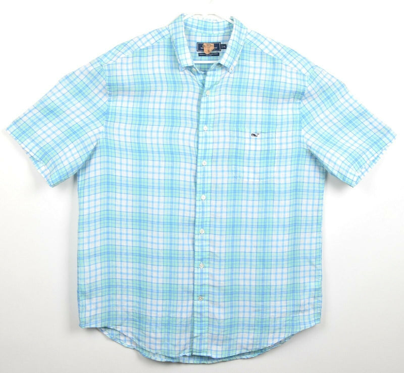 Vineyard Vines Men's Sz XL 100% Linen Blue Plaid Whale Classic Fit Tucker Shirt