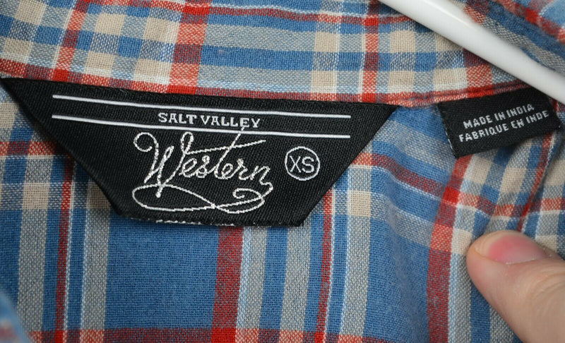Salt Valley Men's Sz XS Pearl Snap Blue Red Plaid Rockabilly Western Shirt