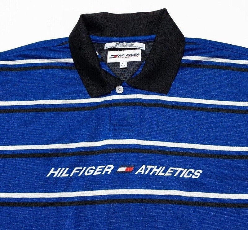 Tommy Hilfiger Athletics Polo Shirt Large Mens Spell Out Vintage 90s Blue Stripe