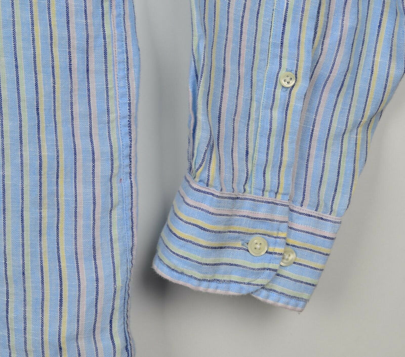 Brooks Brothers Men's Sz Large 100% Linen Blue Striped Long Sleeve Shirt