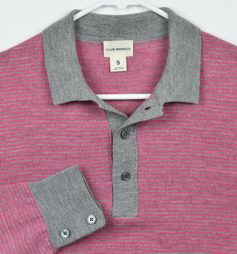 Club Monaco Men's Small 100% Wool Pink Gray Striped Collared Shirt Sweater