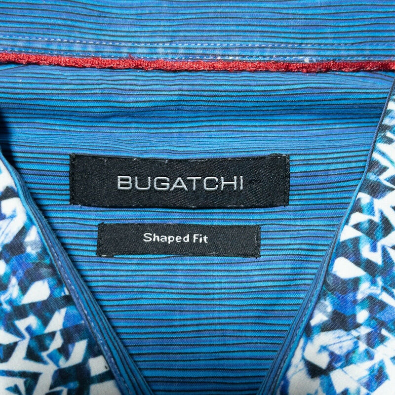 Bugatchi Men's Flip Cuff Shirt Blue Abstract Geometric Glitch Art Fits XL