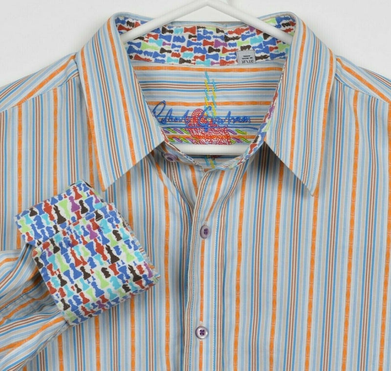 Robert Graham Shirt Men's XL Flip Cuff Chess Pieces Orange Multi-Color Striped