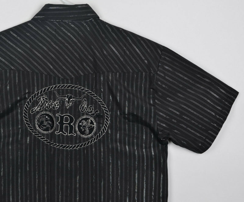 ORO Boots Men's Sz Large Pearl Snap Metallic Silver Black Stripe Western Shirt