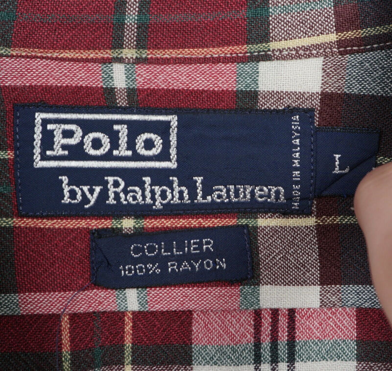 Polo Ralph Lauren Men's Large Collier 100% Rayon Red Plaid Button-Front Shirt