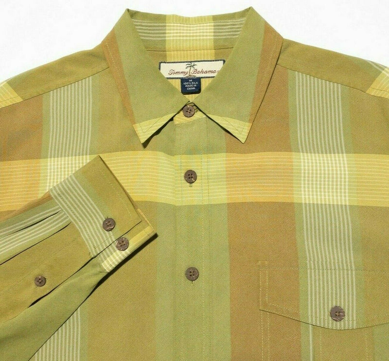 Tommy Bahama Silk Long Sleeve Button-Down Shirt Green Yellow Plaid Men's Medium