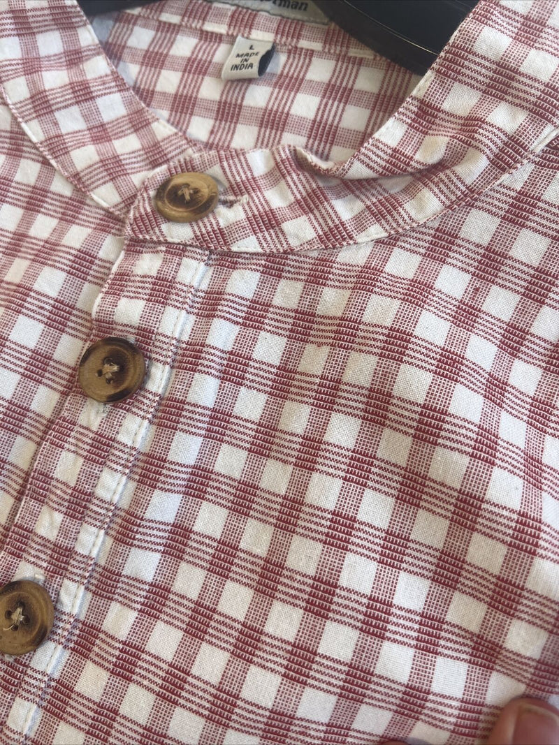 J. Peterman Band Mandarin Collar Popover Shirt Orange Red Check Men's Large