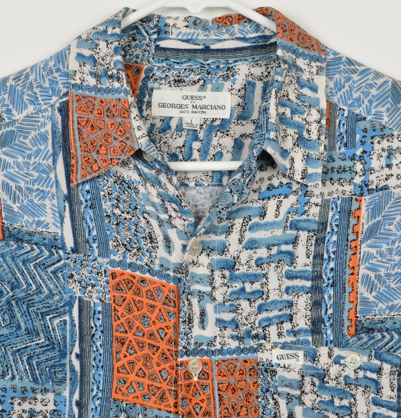 Vtg 90s GUESS? Men's Sz 1 Large Georges Marciano Rayon Geometric Hawaiian Shirt