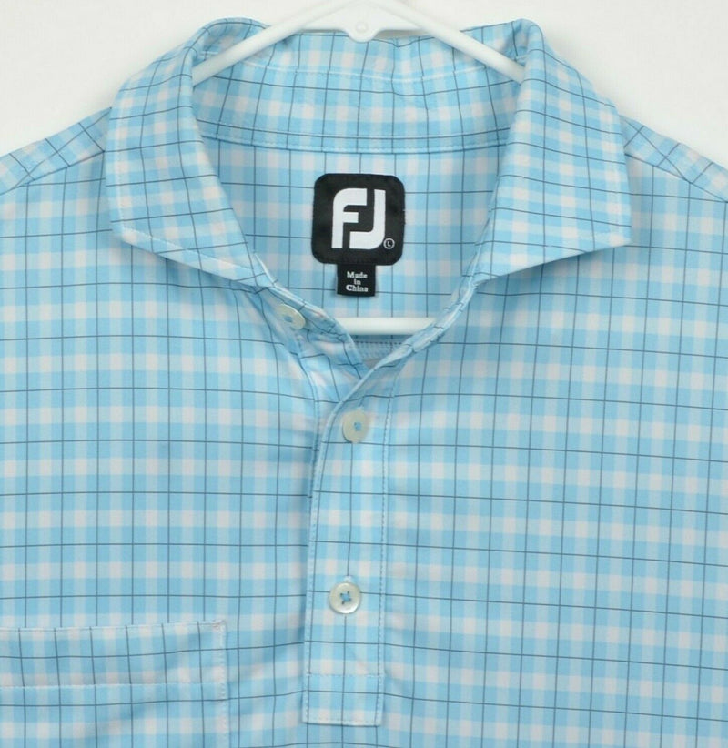 FootJoy Men's Sz Large Blue White Plaid Pocket FJ Performance Golf Polo Shirt