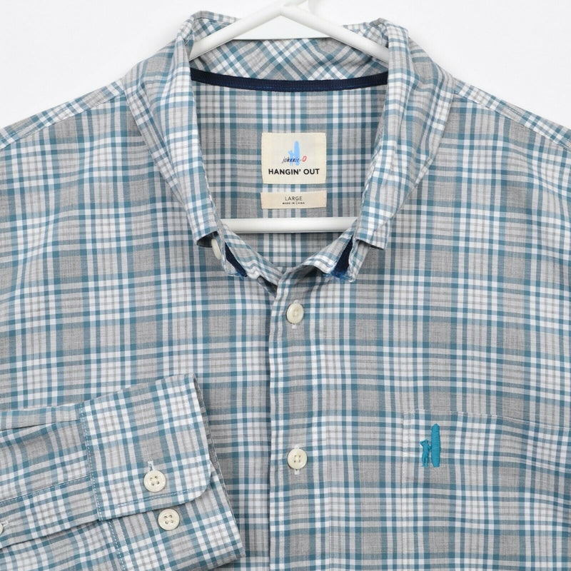 Johnnie-O Hangin' Out Men's Large Gray Teal Plaid Surfer Logo Button-Down Shirt