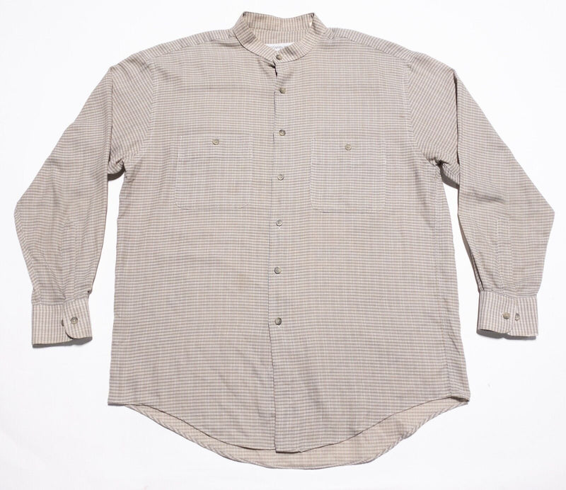 Vintage Yves Saint Laurent Shirt Men's Large Band Collar 90s Brown Check Button