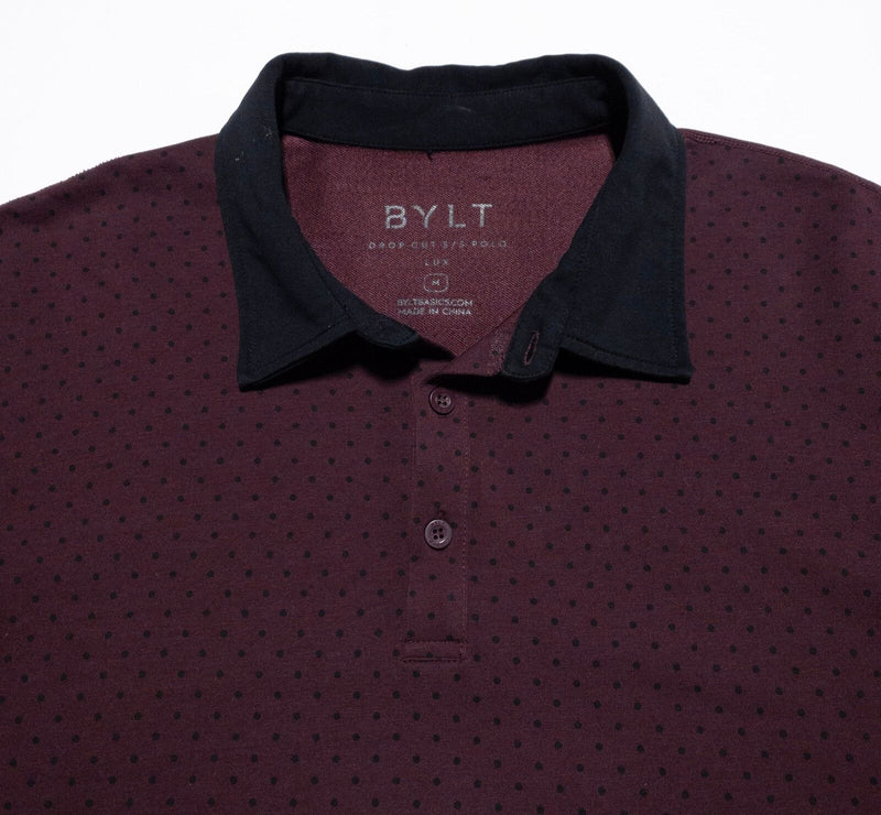 BYLT Drop Cut S/S Polo Shirt Men's Medium Polka Dot Burgundy Red Black