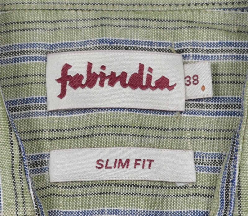 Fabindia Men's 38 (Small) Slim Fit 100% Linen Green Striped Button-Front Shirt